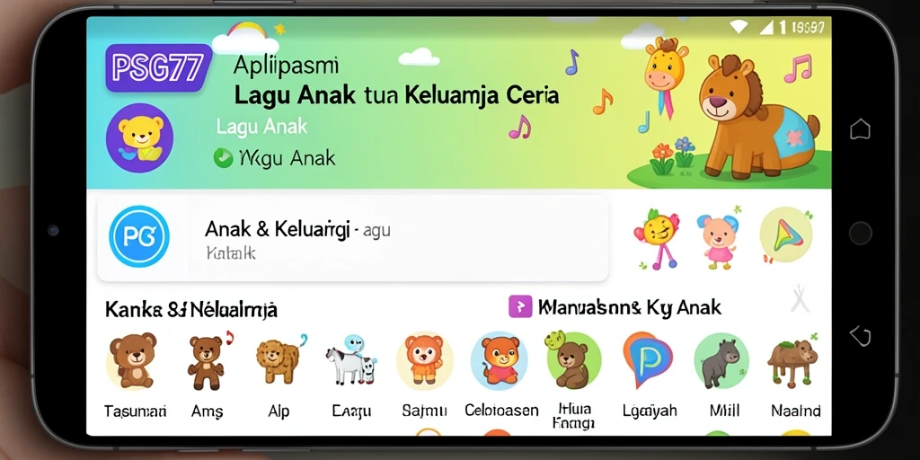 Antarmuka interaktif aplikasi Lagu Anak PSG77 yang ceria.