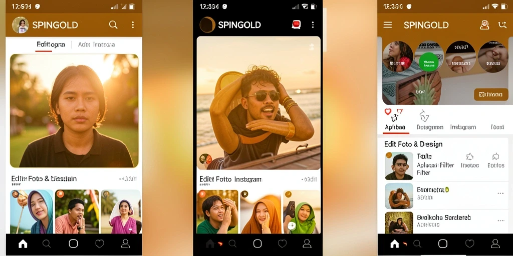 Tampilan antarmuka SPINGOLD dengan berbagai pilihan filter Instagram.